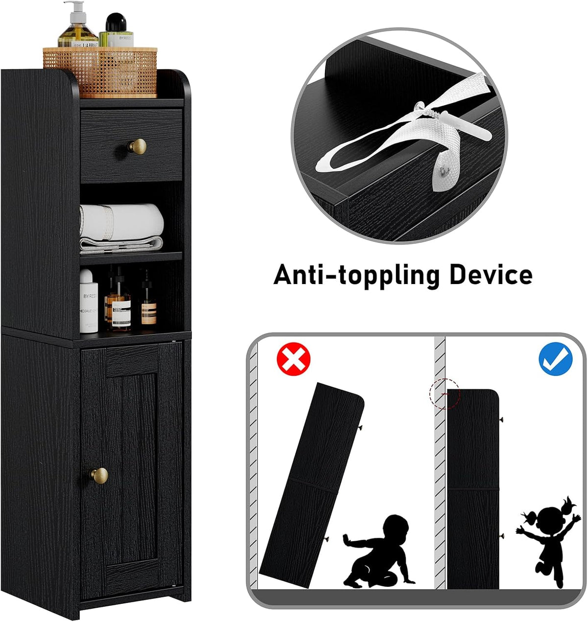 Lomojo Small Bathroom Storage Cabinet with Drawer,7.75L*7.75D*29.6H(Black)