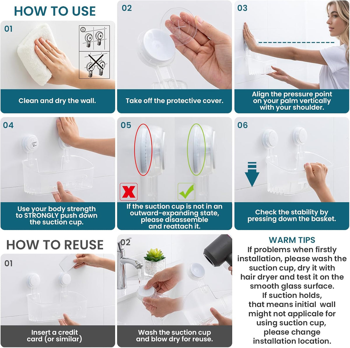 TAILI Shower Caddy Suction Cup Bathroom Organizer Shelves Frosted Clear 2pack