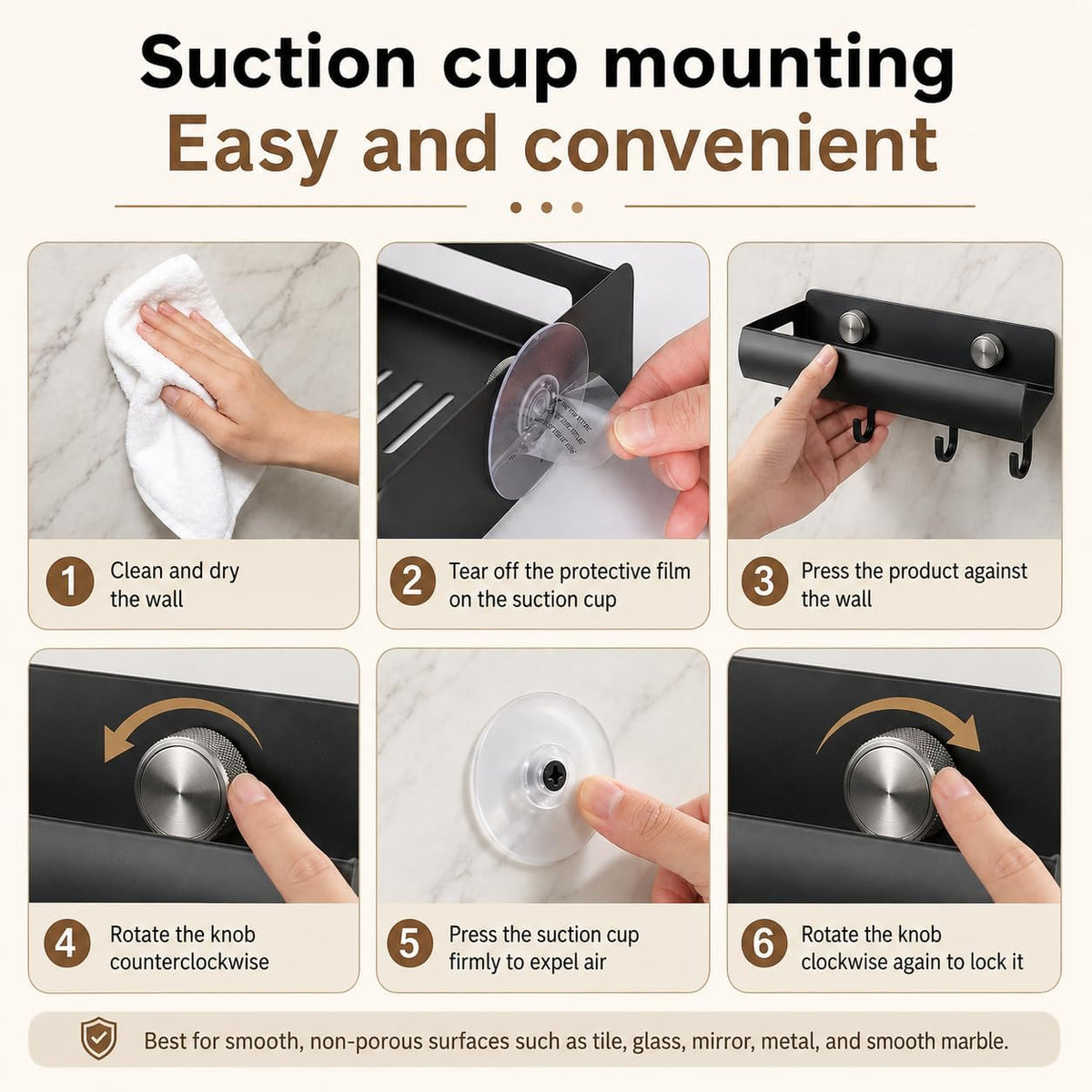 Adhesive Shower Shelf, 3 Pack Suction Cup Shower Caddy with Hooks, Black