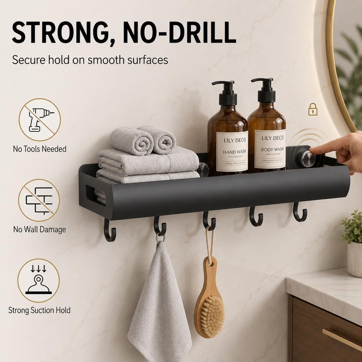 Adhesive Shower Shelf, 3 Pack Suction Cup Shower Caddy with Hooks, Black
