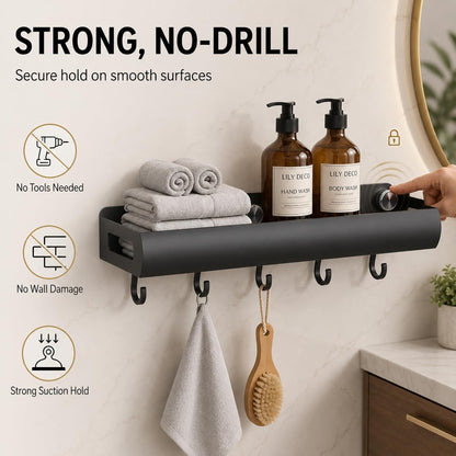 Adhesive Shower Shelf, 3 Pack Suction Cup Shower Caddy with Hooks, Black