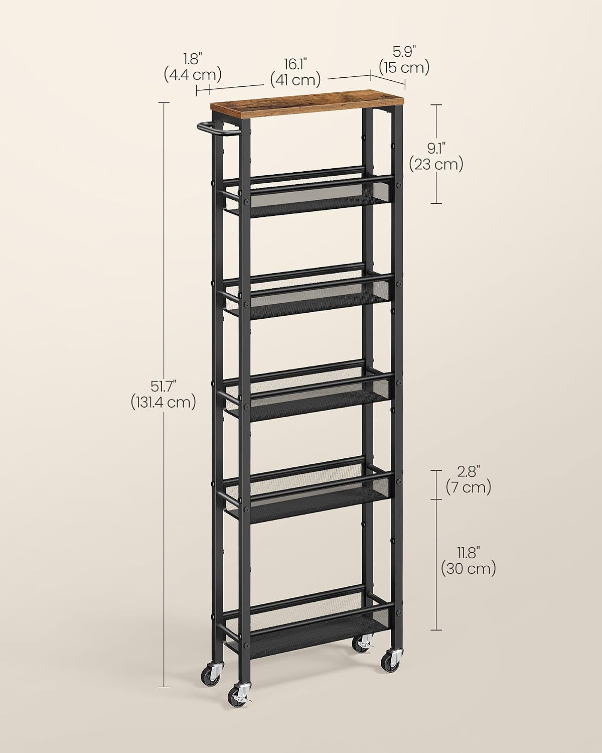 VASAGLE 6-Tier Utility Rolling Laundry Cart, 17.9 x 5.9 x 51.7 inch