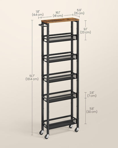 VASAGLE 6-Tier Utility Rolling Laundry Cart, 17.9 x 5.9 x 51.7 inch