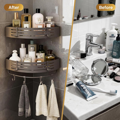 3-Tier No-Drill Storage Caddy with Hooks&Towel Bar,Organizing Solution for Bathroom,Shower&Kitchen,Holds Shampoos,Soaps,Sponges&Cleaners,Triangle