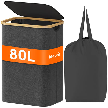Lifewit 105L Large Laundry Basket with Lid, Removable Bags, Black