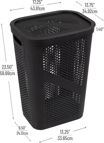 Mind Reader Slim Laundry Hamper with Lid, 60L Ventilated Clothes Baskets, Tapered Design for Bathrooms, Closets, Plastic, Set of 2, Black