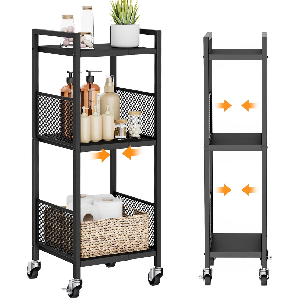 3-Tier Expandable Storage Shelving Unit,Slim Storage Cart,Metal