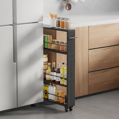 KLM Rolling Storage Cart 4-Tier Black Kitchen Cart with Wheels, Slim Storage Cart with Handle Slide Out Utility Cart Shelving Unit Organizer Trolley for Laundry Narrow Places Bathroom Small Corner