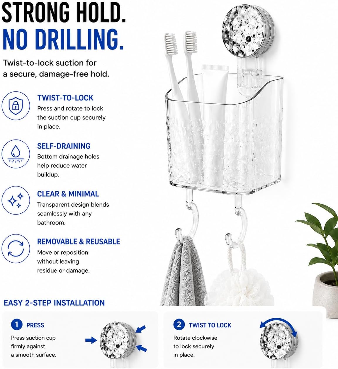 HOME&I Clear Suction Cup Toothbrush Holder for Shower Wall, Twist-to-Lock Drill-Free Bathroom Organizer with 2 Hooks, Self-Draining Wall Storage for Toothpaste, Razor & Accessories