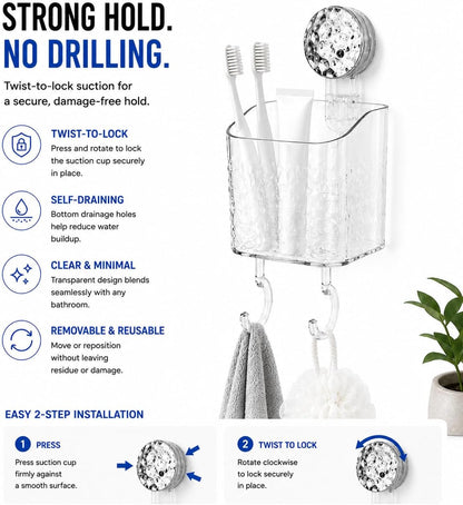 HOME&I Clear Suction Cup Toothbrush Holder for Shower Wall, Twist-to-Lock Drill-Free Bathroom Organizer with 2 Hooks, Self-Draining Wall Storage for Toothpaste, Razor & Accessories