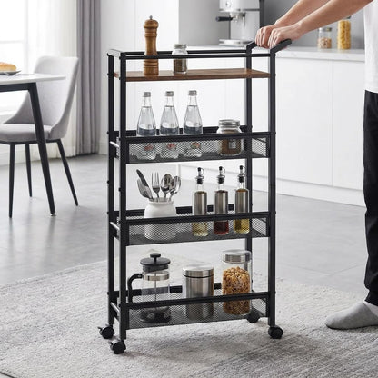 4 Tier Slim Rolling Storage Cart, 5.1 Inch Wide Narrow Storage Cart with Handle, Iron Wood Utility Slide Out Pantry Shelf Organizer for Laundry Room, Bathroom, Kitchen, Small Spaces, Black