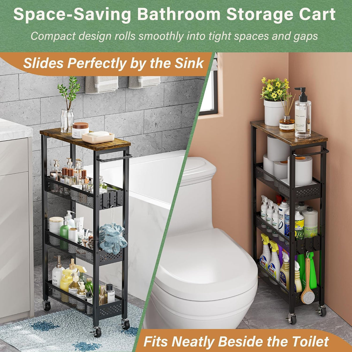 OKZEST 4-Tier Slim Rolling Storage Cart for Kitchen, Laundry Room, Bathroom
