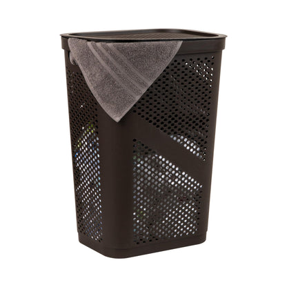 Mind Reader Slim Laundry Hamper with Lid, 60L Ventilated Clothes Baskets, Tapered Design for Bathrooms, Closets, Plastic, Set of 2, Black