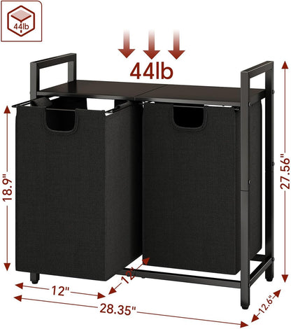 Kitstorack Laundry Basket Organizer, Laundry Hamper with Shelf & 2 Pull-Out Removable Bags, Dirty Clothes Hamper Organizer for Laundry Room Bathroom and Dorm, 2 x 11.8 gallons (44.5L)
