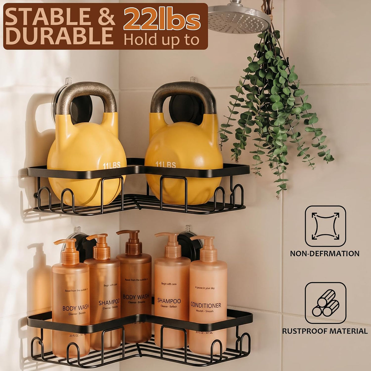 Moforoco Corner Shower Caddy Suction Cup, No Drilling Stainless Steel Shower Shelves, Portable/Movable Large Suction Cup Shower Organizer with Hooks Bathroom Storage Rack(Black)