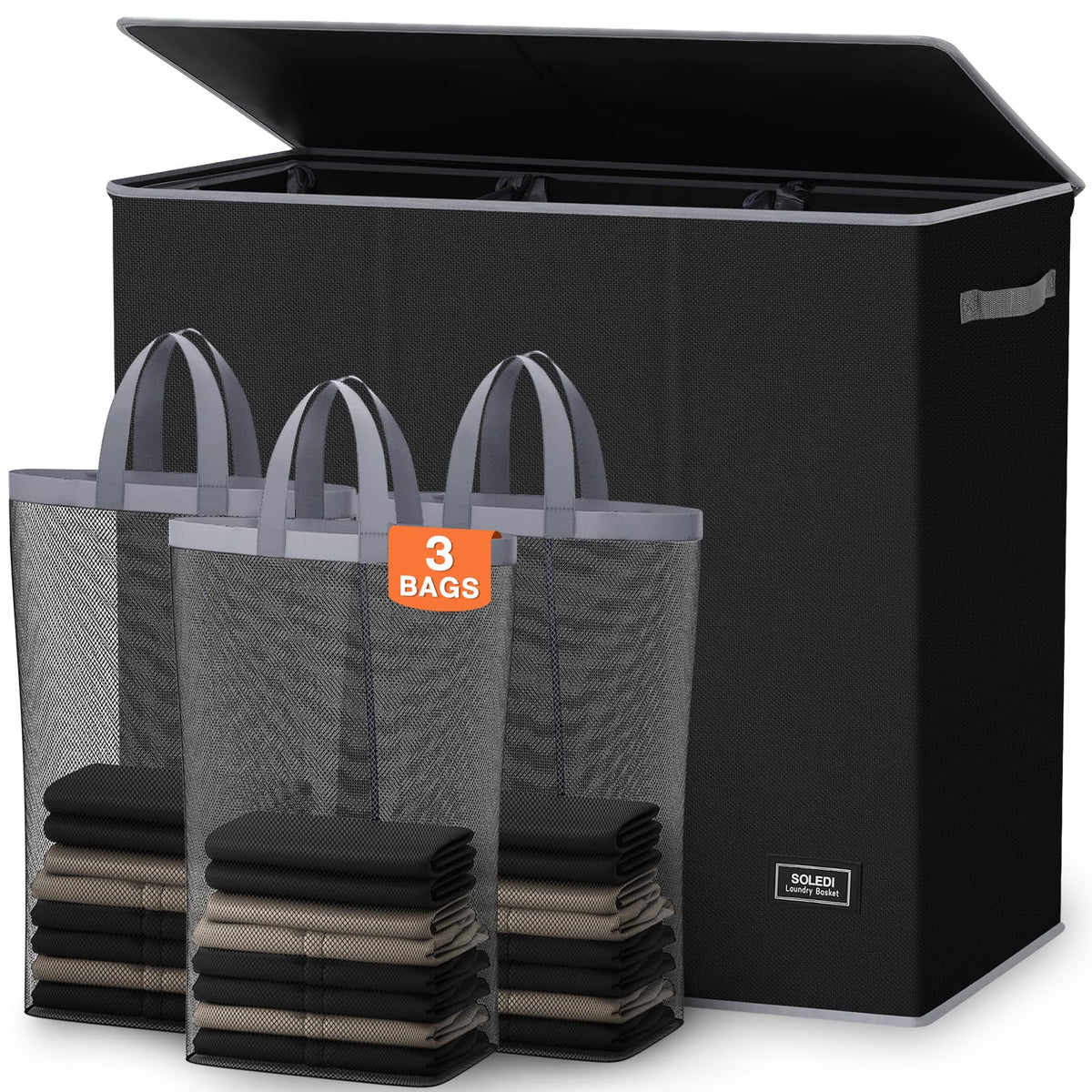 SOLEDI Large Laundry hamper 3 Section with Laundry Bag, XL Clothes Basket