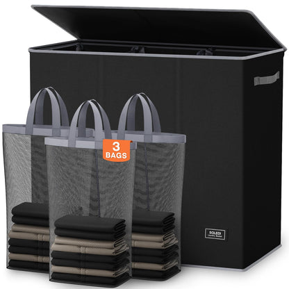 SOLEDI Large Laundry hamper 3 Section with Laundry Bag, XL Clothes Basket