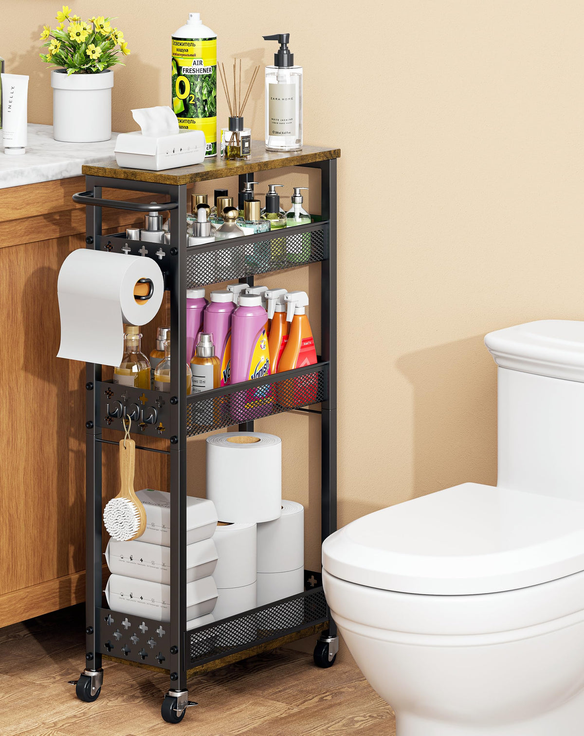 OKZEST Slim Bathroom Organizers and Storage Cart with Toilet Paper Holder