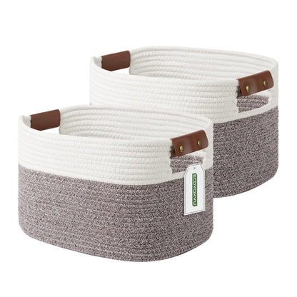 ECDYQXVU 15x10x9 Woven Cotton Rope Storage Basket, Leather Handles 1 Pack