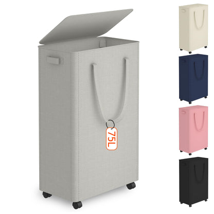 Slim Laundry Hamper with Wheels,20 Gal (75L) Rolling Laundry Basket with lid and wheels Clothes Hamper Foldable Tall Dirty Clothes Basket Sturdy Collapsible Clothes Hamper for Dorm,Laundry Room