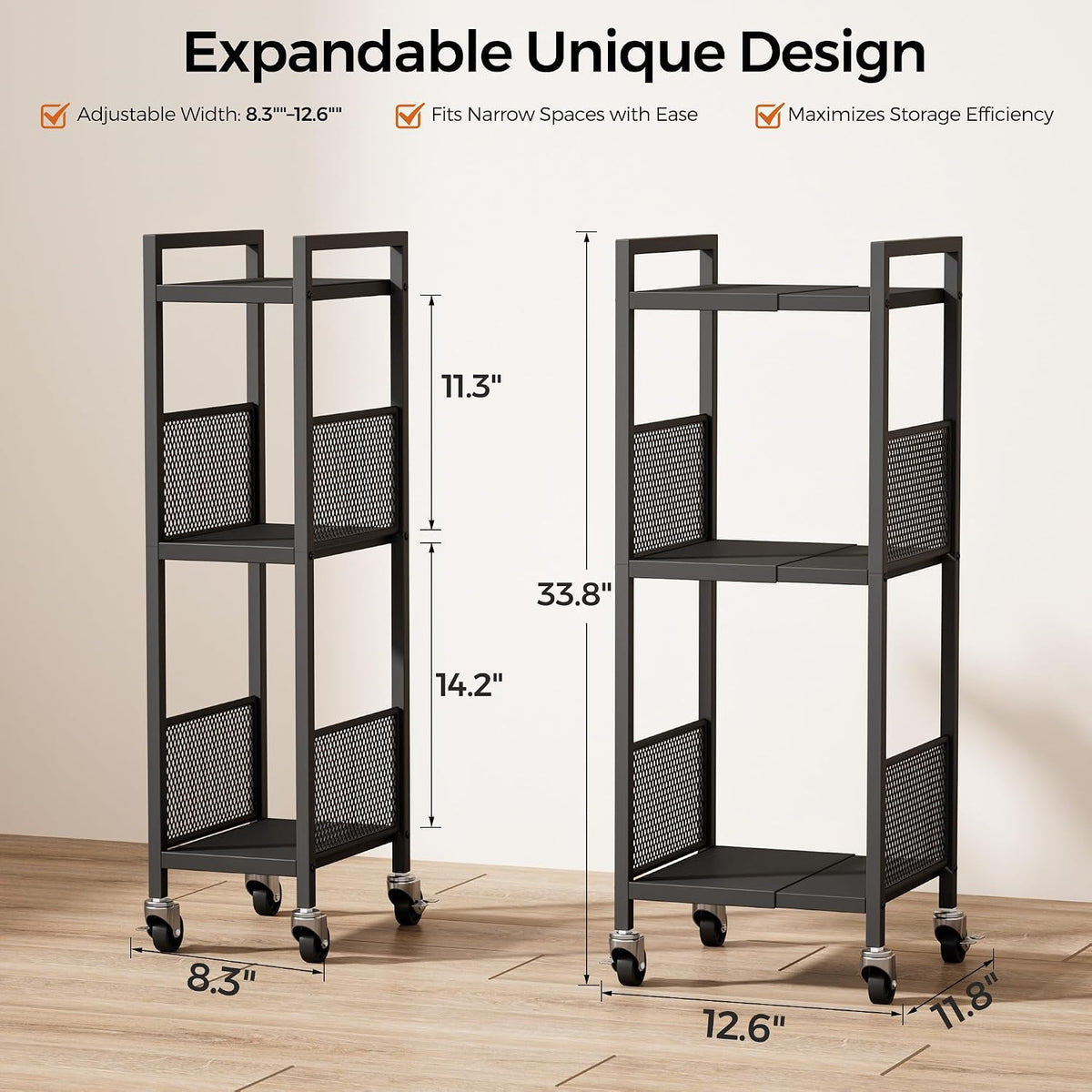 3-Tier Expandable Storage Shelving Unit,Slim Storage Cart,Metal