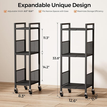 3-Tier Expandable Storage Shelving Unit,Slim Storage Cart,Metal