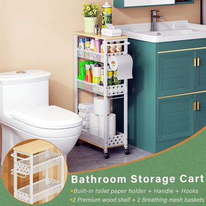 OKZEST Slim Bathroom Organizers and Storage Cart with Toilet Paper Holder