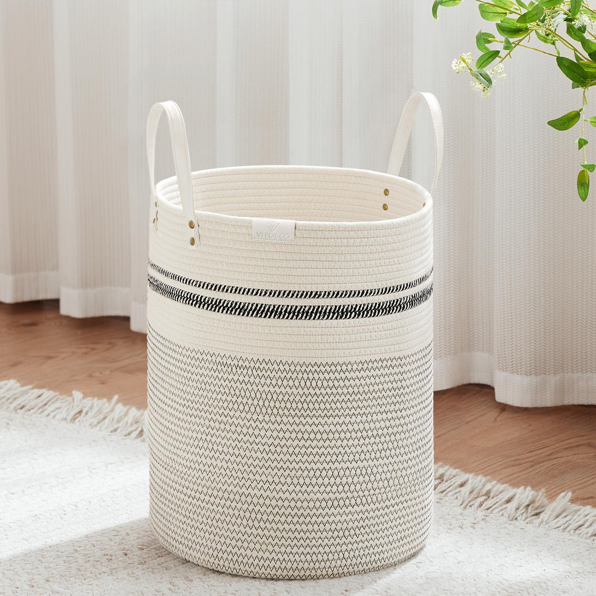 VIPOSCO 72L Tall Woven Rope Laundry Hamper, Leather Handles, White & Brown