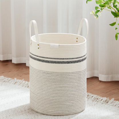 VIPOSCO 72L Tall Woven Rope Laundry Hamper, Leather Handles, White & Brown