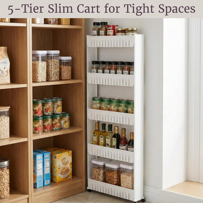 Lavish Home Slim Rolling Storage Cart, White, 21.5” x 5” x 52”