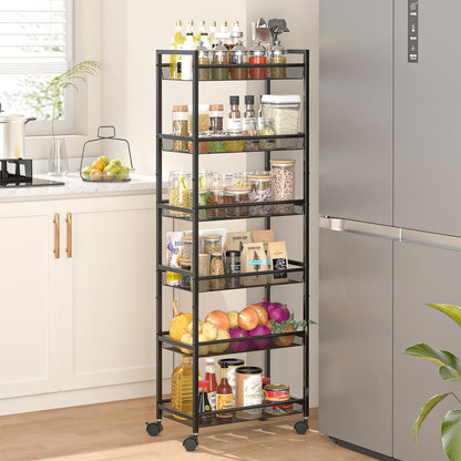 ThreeHio 6 Tier Slim Storage Cart, Narrow Cart with Wheels, Metal Mobile Shelving Unit Organizer for Bathroom, Kitchen, Laundry Room, Living Room & Narrow Spaces, White, 6in(W)