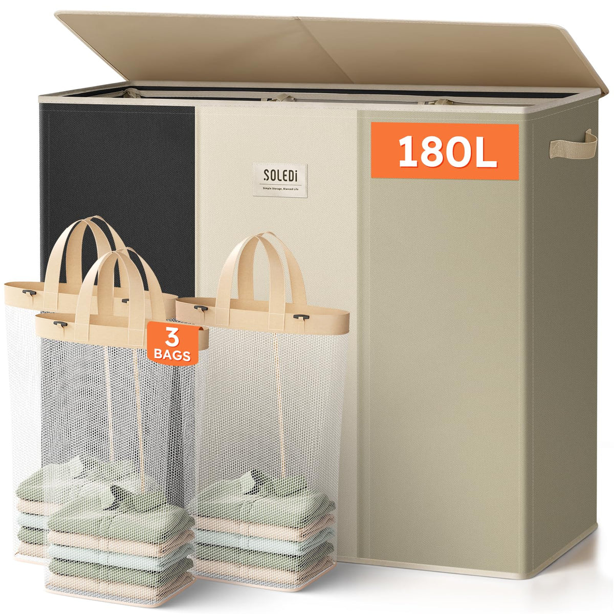 SOLEDI Large Laundry hamper 3 Section with Laundry Bag, XL Clothes Basket