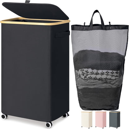 Goodpick 100L Large Rolling Laundry Basket with Wheels and Lid, Black