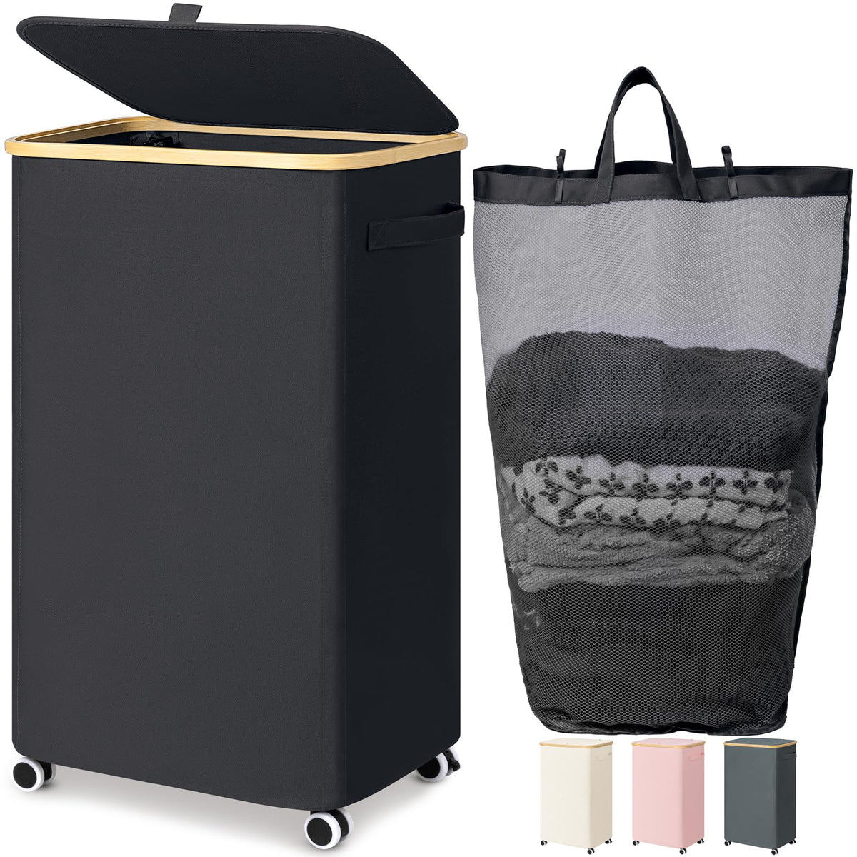 Goodpick 100L Large Rolling Laundry Basket with Wheels and Lid, Black