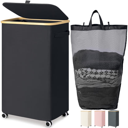 Goodpick 100L Large Rolling Laundry Basket with Wheels and Lid, Black