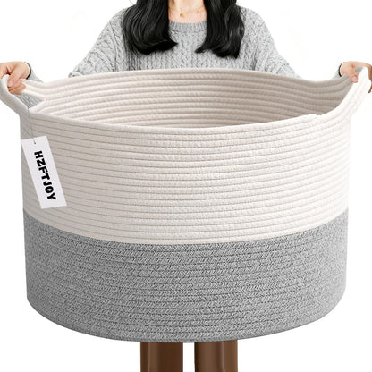 Large Woven Blanket Basket,65L Cotton Rope Laundry Basket