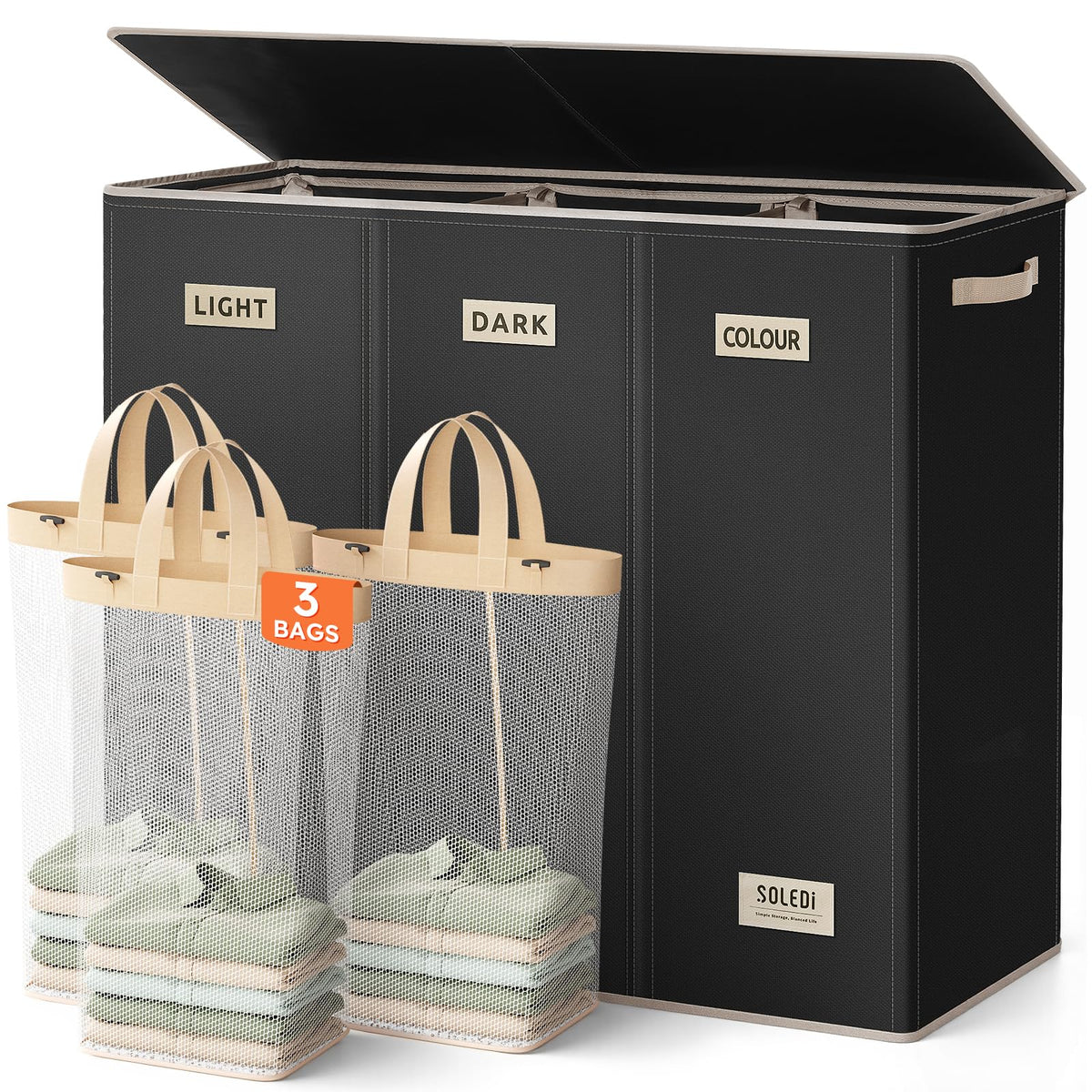 SOLEDI Large Laundry hamper 3 Section with Laundry Bag, XL Clothes Basket