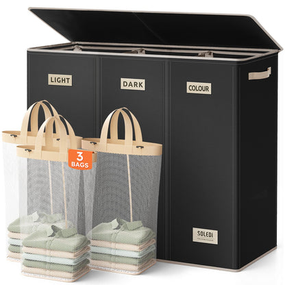 SOLEDI Large Laundry hamper 3 Section with Laundry Bag, XL Clothes Basket