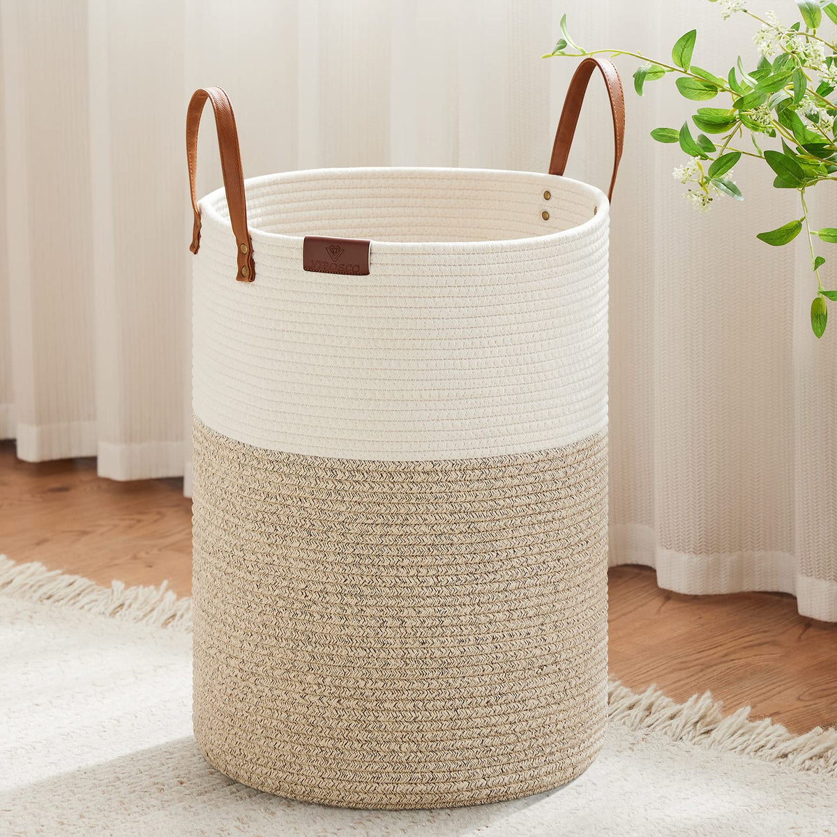 VIPOSCO 72L Tall Woven Rope Laundry Hamper, Leather Handles, White & Brown