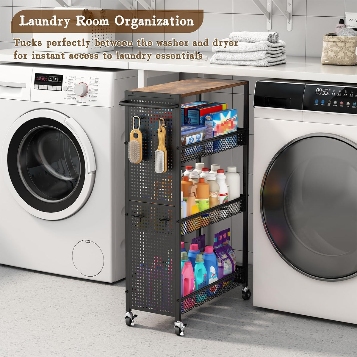 Utility Slim Storage Cart 4 Tier Rolling Laundry Room Organization Cart：