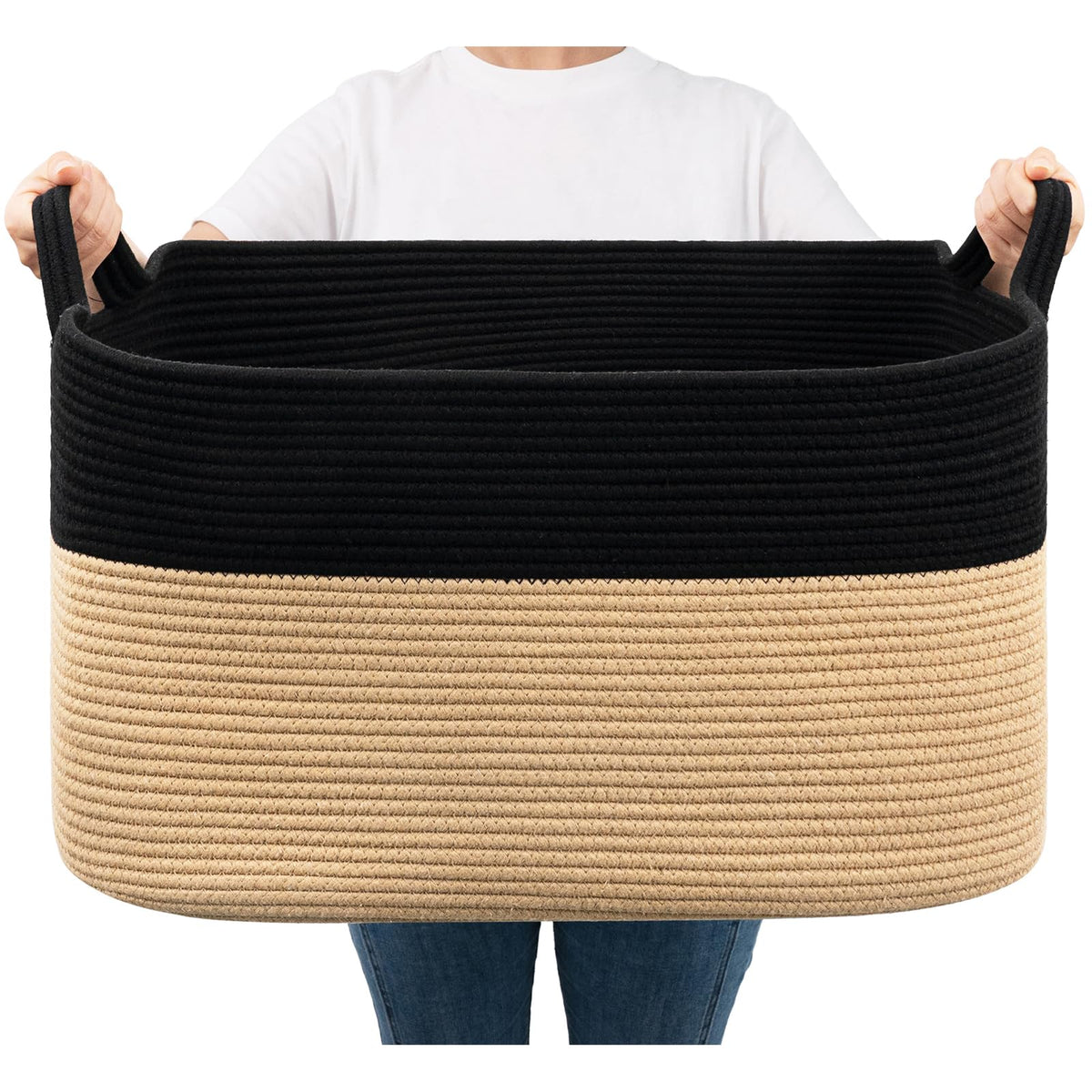 Goodpick Large Woven Rope Blanket Basket, Rectangle, Black, 75L