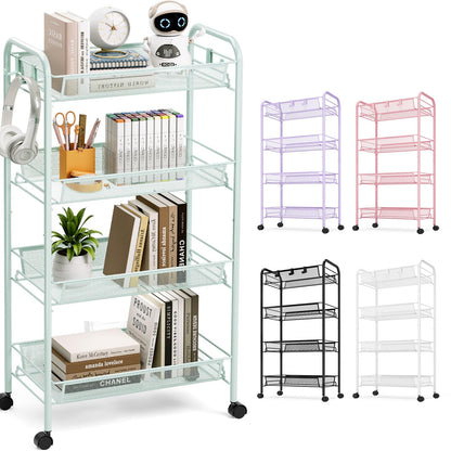 TOOLF 4 Tier Rolling Cart, Metal Utility Storage Cart with Wheels, White