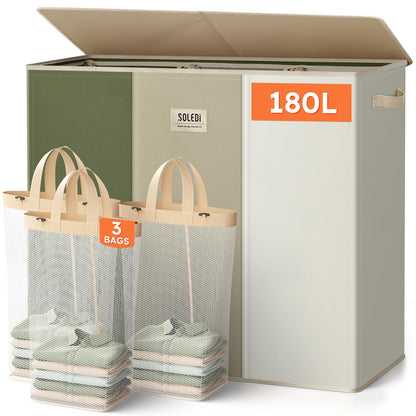 SOLEDI Large Laundry hamper 3 Section with Laundry Bag, XL Clothes Basket