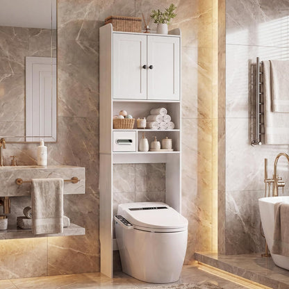 Over the Toilet Storage Cabinet, Tall Slim Bathroom Organizer with Doors, Adjustable Shelves & Built-in Toilet Paper Holder, Space-Saving Above Toilet Cabinet for Small Bathrooms(White)