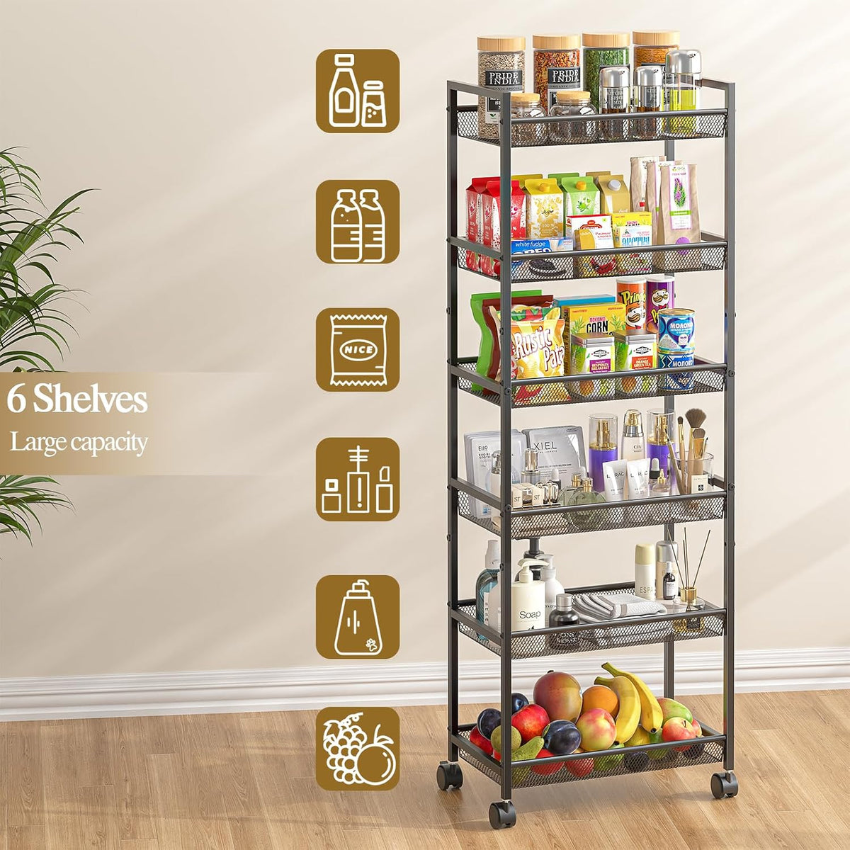 6 Tier Slim Rolling Storage Cart, Narrow Mobile Shelving Unit Organizer Utility Cart with Wheels, Metal Wire Storage Rack with Baskets for Kitchen, Bathroom, Laundry & Living Room, 10in(W) Black