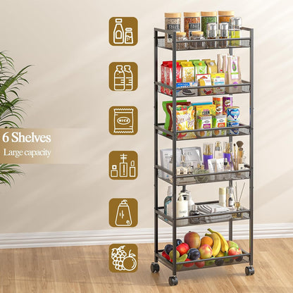 6 Tier Slim Rolling Storage Cart, Narrow Mobile Shelving Unit Organizer Utility Cart with Wheels, Metal Wire Storage Rack with Baskets for Kitchen, Bathroom, Laundry & Living Room, 10in(W) Black