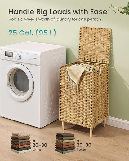 SONGMICS Laundry Hamper with Lid, PE Rattan, 25 Gallons (95 L)