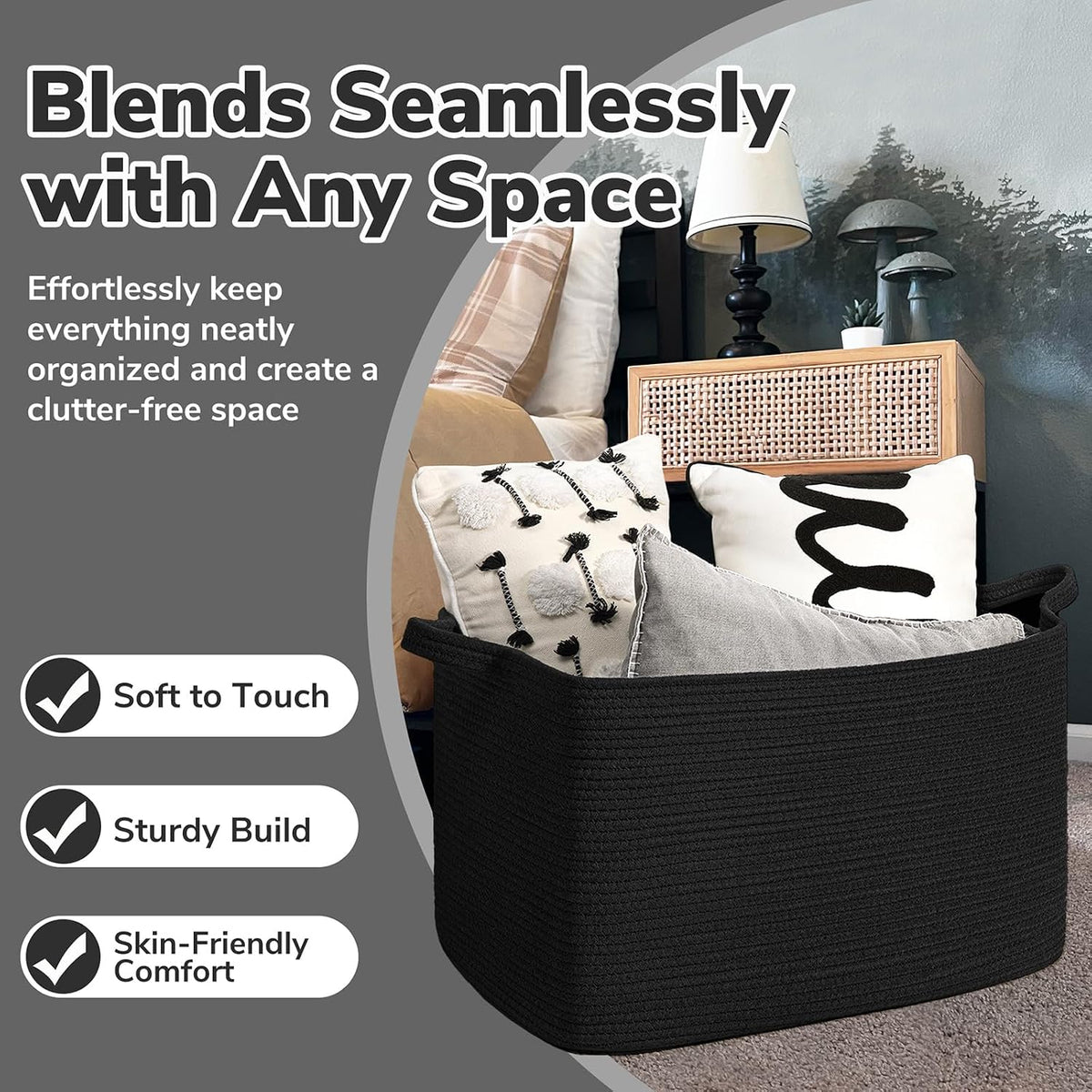 Goodpick Large Woven Rope Blanket Basket, Rectangle, Black, 75L