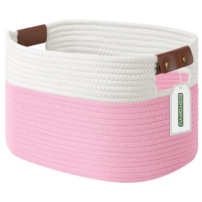 ECDYQXVU 15x10x9 Woven Cotton Rope Storage Basket, Leather Handles 1 Pack