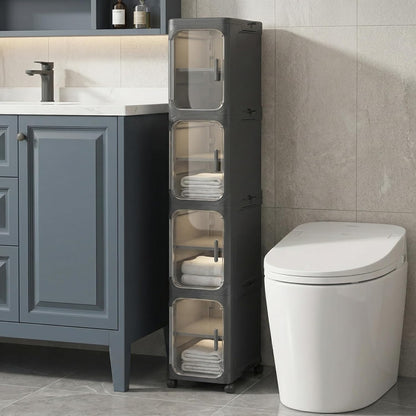 KHNR 4-Tiers Slim Bathroom Storage Cabinet, Foldable Storage Cabinets,Narrow Bathroom Storage,Movable Bathroom Storage Organizer for Small Spaces,Bathroom,Kitchen,Laundry,Black
